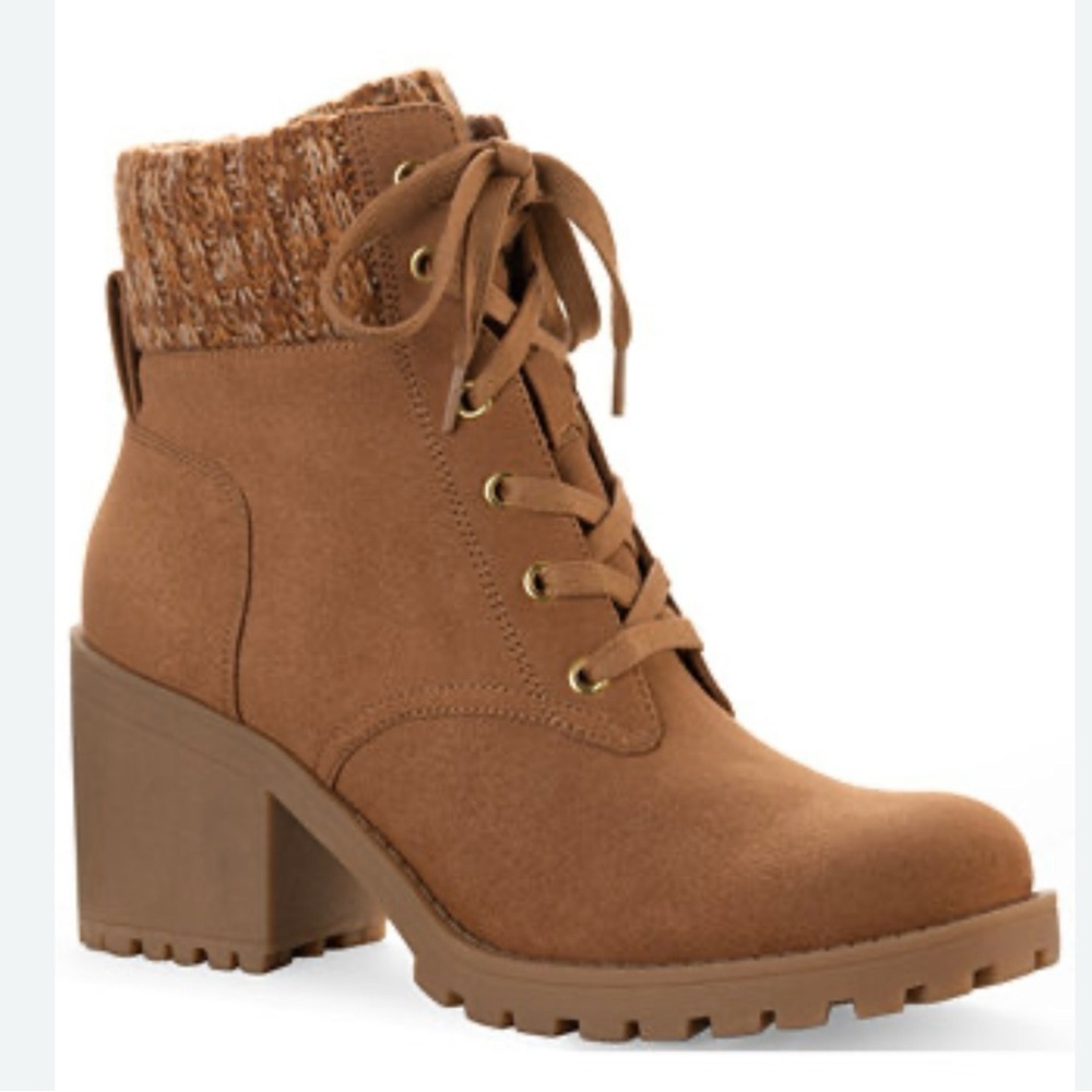 Sun + Stone Romina Lace-up Hiker
Booties, Tan with Knit Cuff, size 8